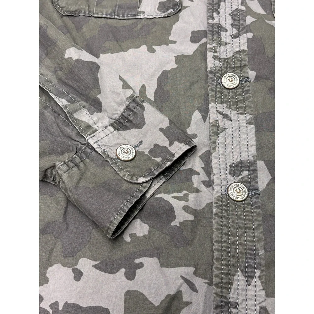 True Religion Luca Mens XL Camo Button‎ Down Shirt Grey Green Utility Military
